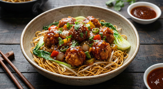 Manchurian Chicken on Wok Fried Noodles